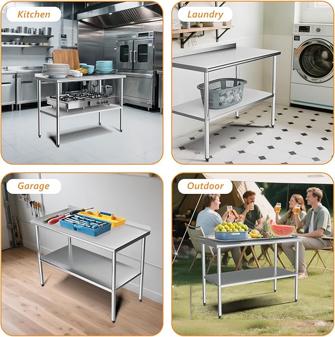 ROVSUN 48'' x 24'' Stainless Steel Table for Prep & Work,Commercial Worktables & Workstations, NSF Heavy Dut Metal Table with Adjustable UnderShelf & Backsplash for Kitchen,Restaurant,Home,Hotel