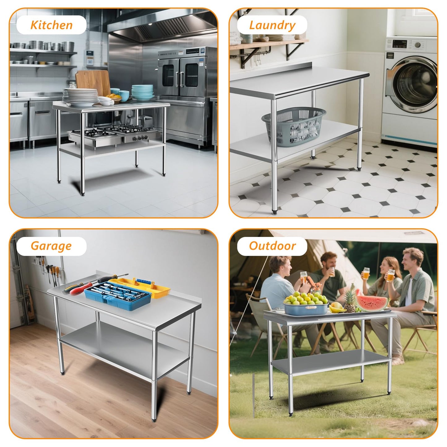 ROVSUN 48'' x 24'' Stainless Steel Table for Prep & Work,Commercial Worktables & Workstations, NSF Heavy Dut Metal Table with Adjustable UnderShelf & Backsplash for Kitchen,Restaurant,Home,Hotel