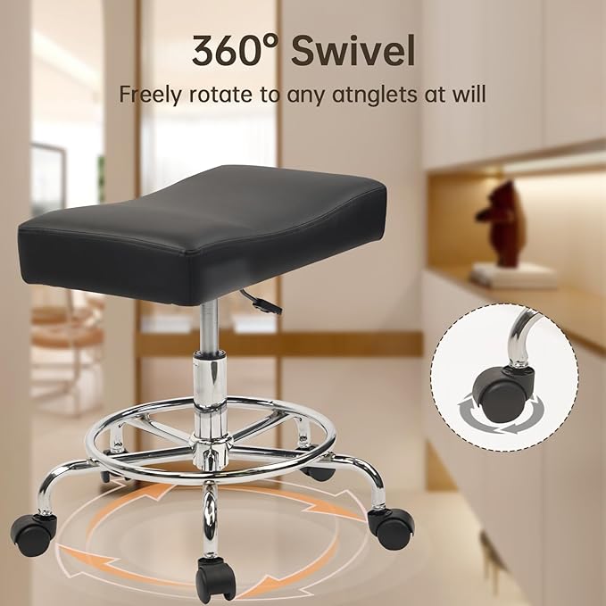 Heavy Duty Extra Wide Rolling Stool PU Leather Thickened Seat Cushion with Foot Rest Adjustable Height Swivel with Wheels for Spa Salon Tattoo Work Massage Barstool, Black, 1 Pack