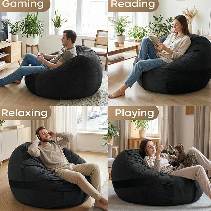 YuppieLife Large Foam Filled Bean Bag Chairs for Kids Teenagers Adults Living Room Gaming Relaxing 4F Machine Washable Lazy Sofa（Black