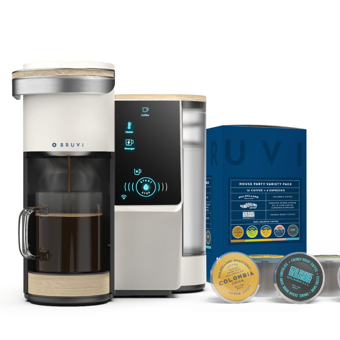 BRUVI Single-Serve Coffee Maker Bundle | Brews Coffee, Espresso, Cold Brew, Matcha Green Tea & More | Includes Brewer + 20 Variety Pods | Touchscreen, WiFi, 70 oz Tank | Cream