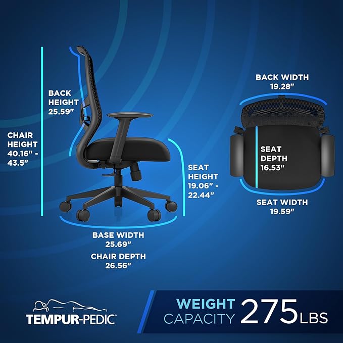 Tempur-Pedic ProTask Executive Task Office Chair with Mesh Back and Built-in Lumbar Support, Height-Adjustable Ergonomic Mesh Office Desk Chair, Black