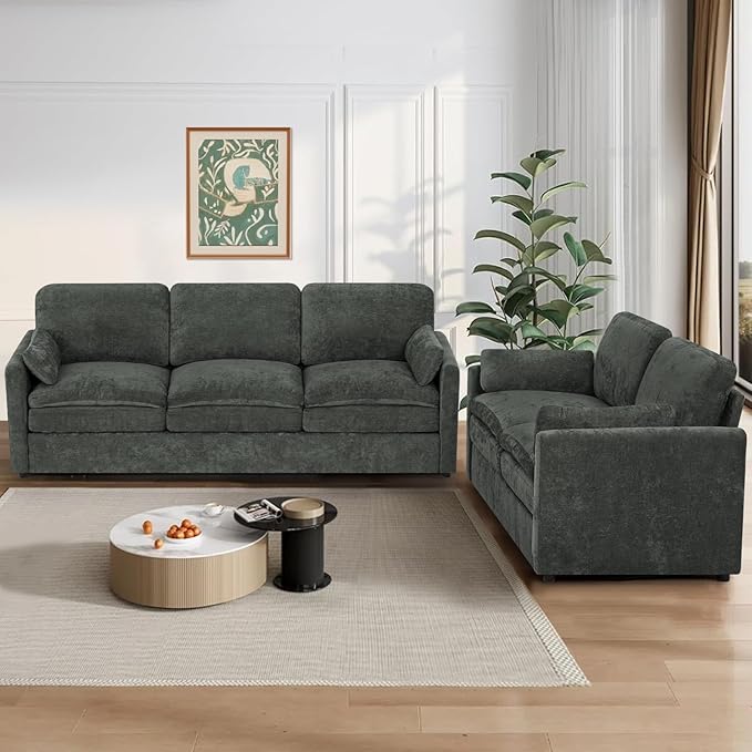 ACMEASE 2 Pieces Chenille Sofa Set w/Throw Pillows, Upholstered Loveseat & 3 Seater Sofa w/Comfortable Back Cushions, Modern 2-Seat & 3-Seat w/High-Density Foam for Living Room, Apartment, Grey
