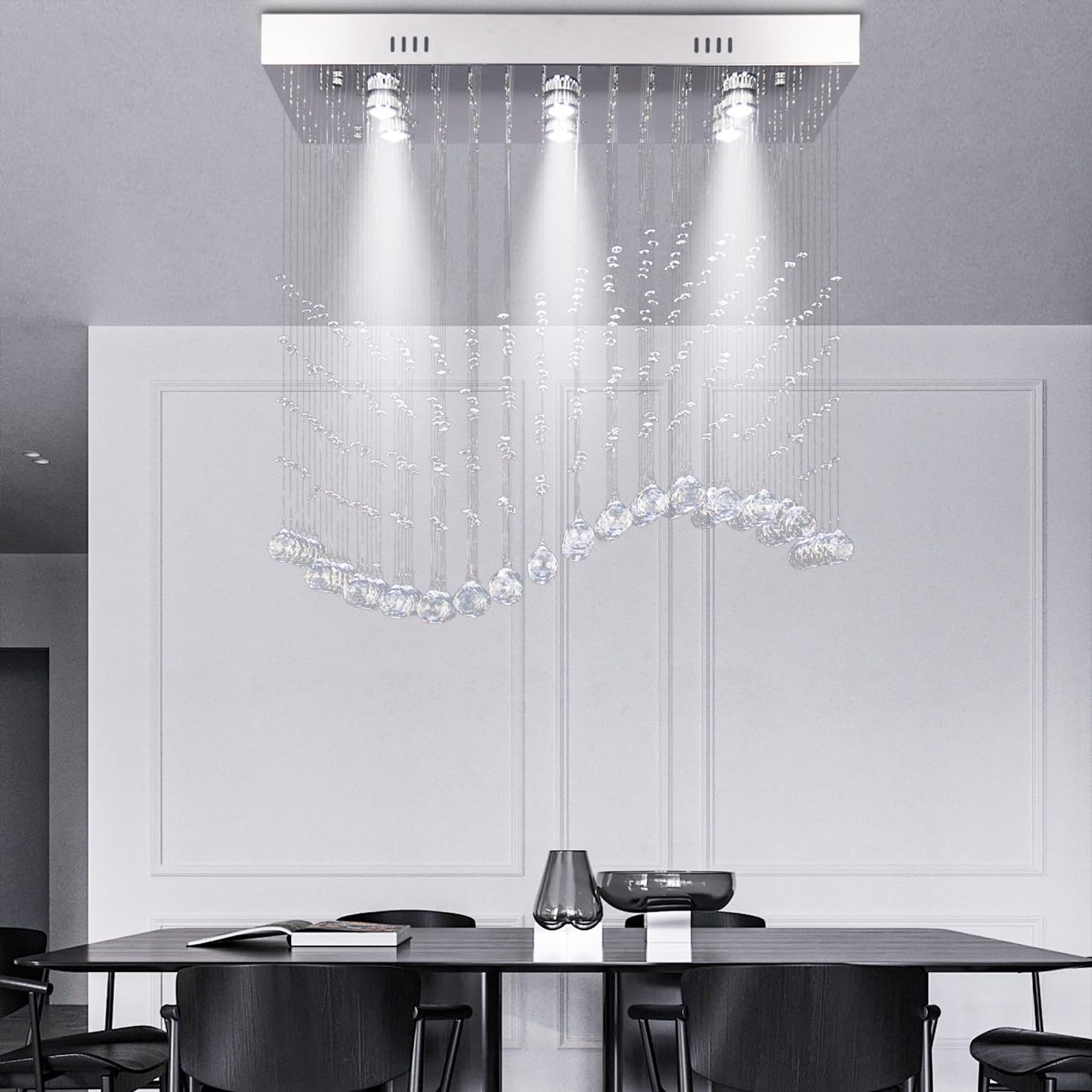 Finktonglan Linear Crystal Chandelier for Kitchen Island, 31.5'' Rectangular K9 Crystal Island Chandelier, 6-Light GU10 Height Adjustable Modern Dining Room Ceiling Light