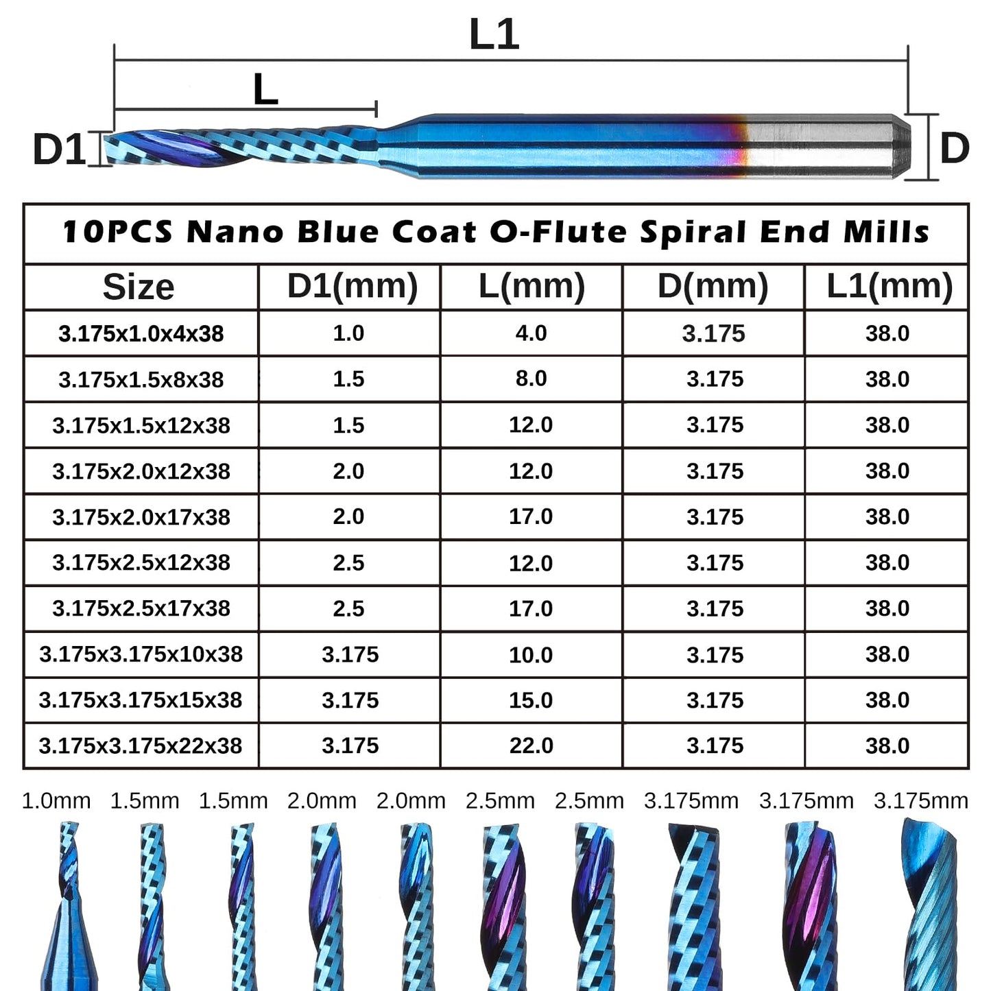 Genmitsu CNC Machine 3018-PRO Router Kit +1/8 Inch Shank 10pcs Carbide Spiral O Flute (Single Flute) End Mill CNC Router Bits