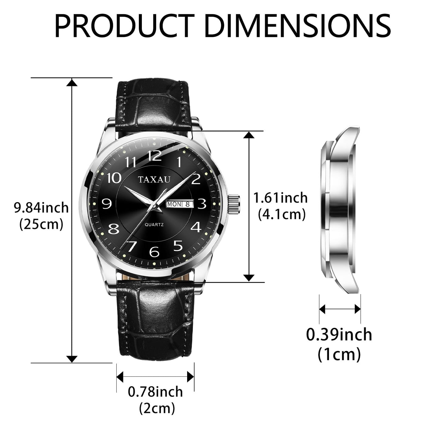 Taxau Men Leather Watch Dress Watches for Men Black Band Waterproof Mens Watch Analog Quartz Men's Wrist Watch with Date Day, Arabic Number, Water Resistant Luminous Large Face