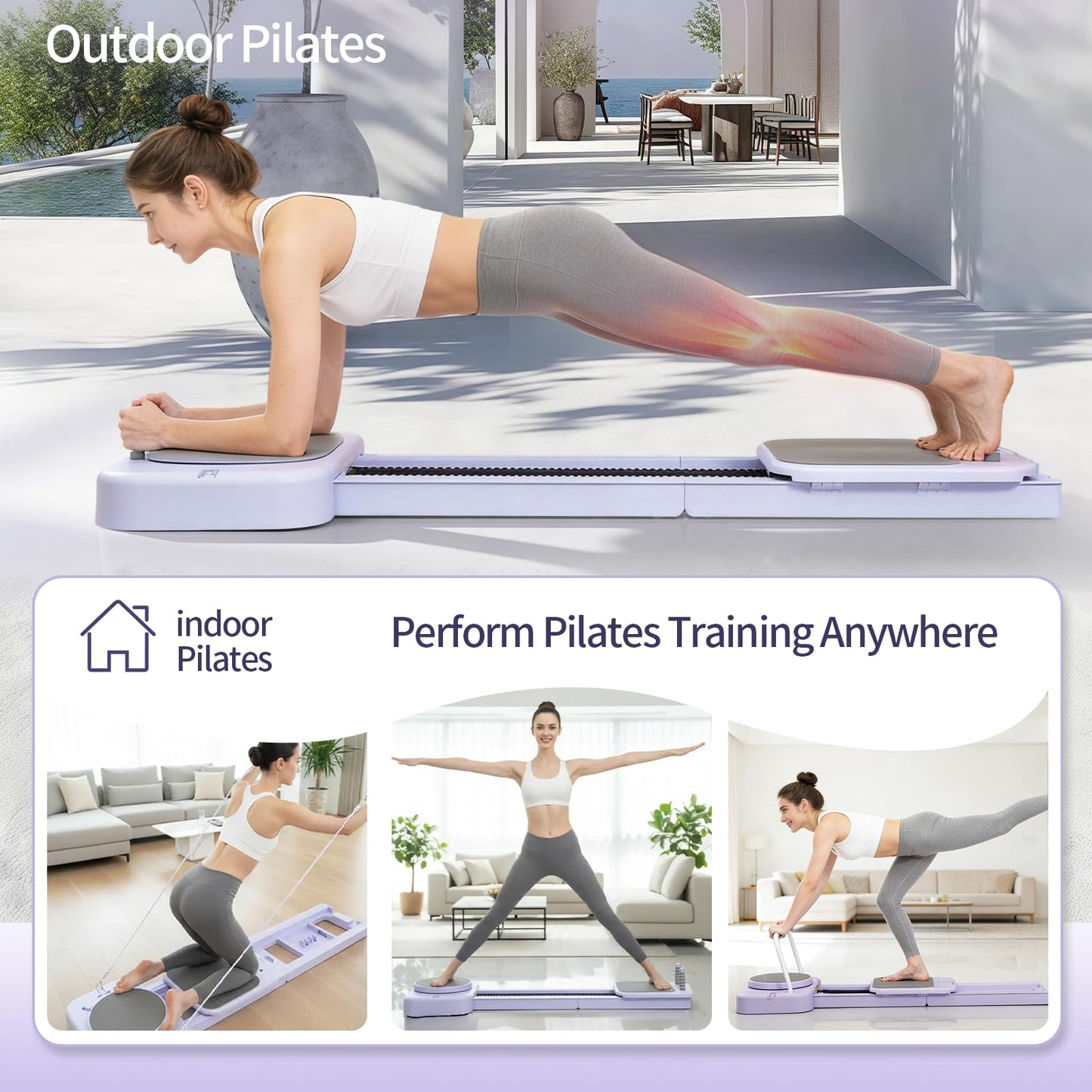 Lerpio Pilates Reformer Board with 3 Adjustable Resistance, 60'' Foldable & Portable Pilates Machine for Home Use, Tool-Free Assembly, Includes Storage Box and 3 Yoga Socks (Purple)