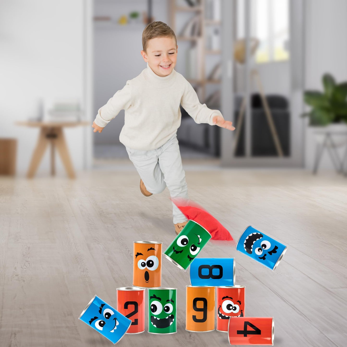 ArtCreativity Halloween Carnival Bean Bag Toss Game - Halloween Party Game with 10 Tin Cans and 3 Bean Bags - Indoor and Outdoor Party Activity for Kids - Tossing Game for Kids 3 and Up