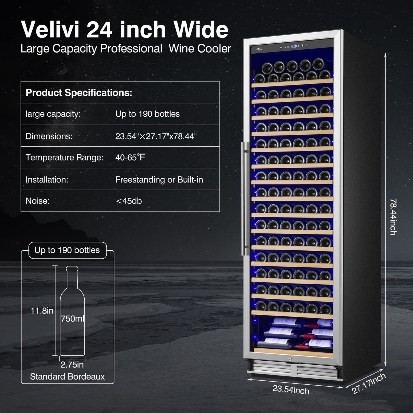 Velivi Upgraded 24 Inch Wine Cooler Refrigerator, 190 Bottles Wine Fridge with Professional Temperature Control System, Freestanding or Built-in installation, Quiet Operation