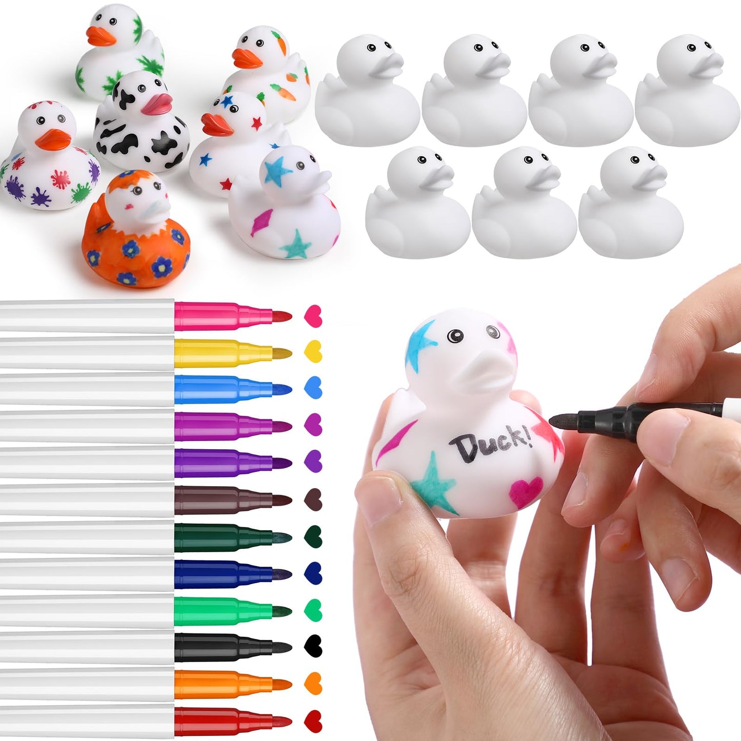 Jerify 12 Pcs 2 Inch White Blank Rubber Ducks Creative Rubber Ducks with Pens of 12 Colors for Pool Bathtub Float Cute Easter DIY Crafts Birthday Gifts Baby Party Favors for Kids