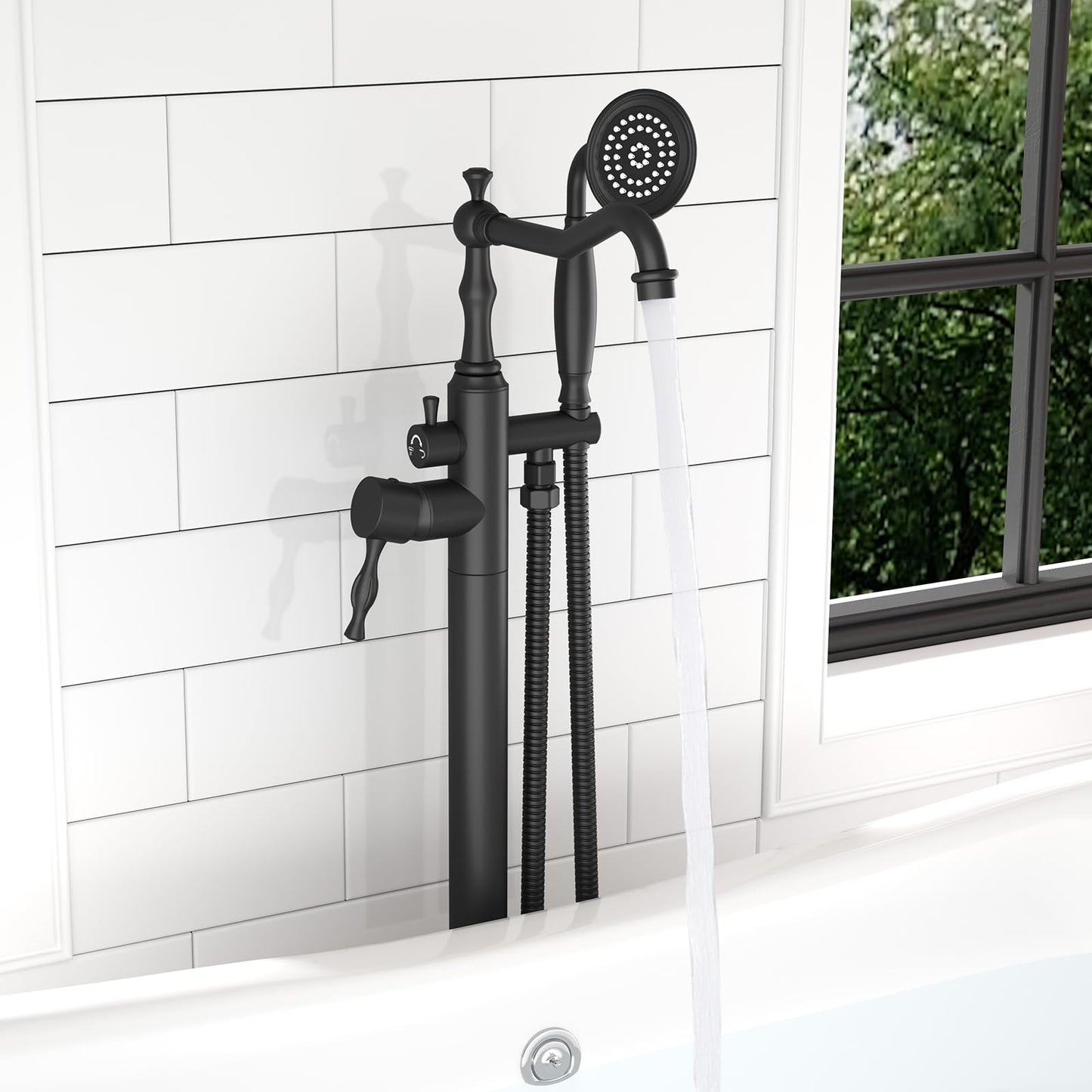 Hoimpro Free Standing Tub Faucet Freestanding Tub Filler Bathtub Faucet Stand Alone Floor Mounted Bathtub Faucet Set Handheld Sprayer Brass Matte Black