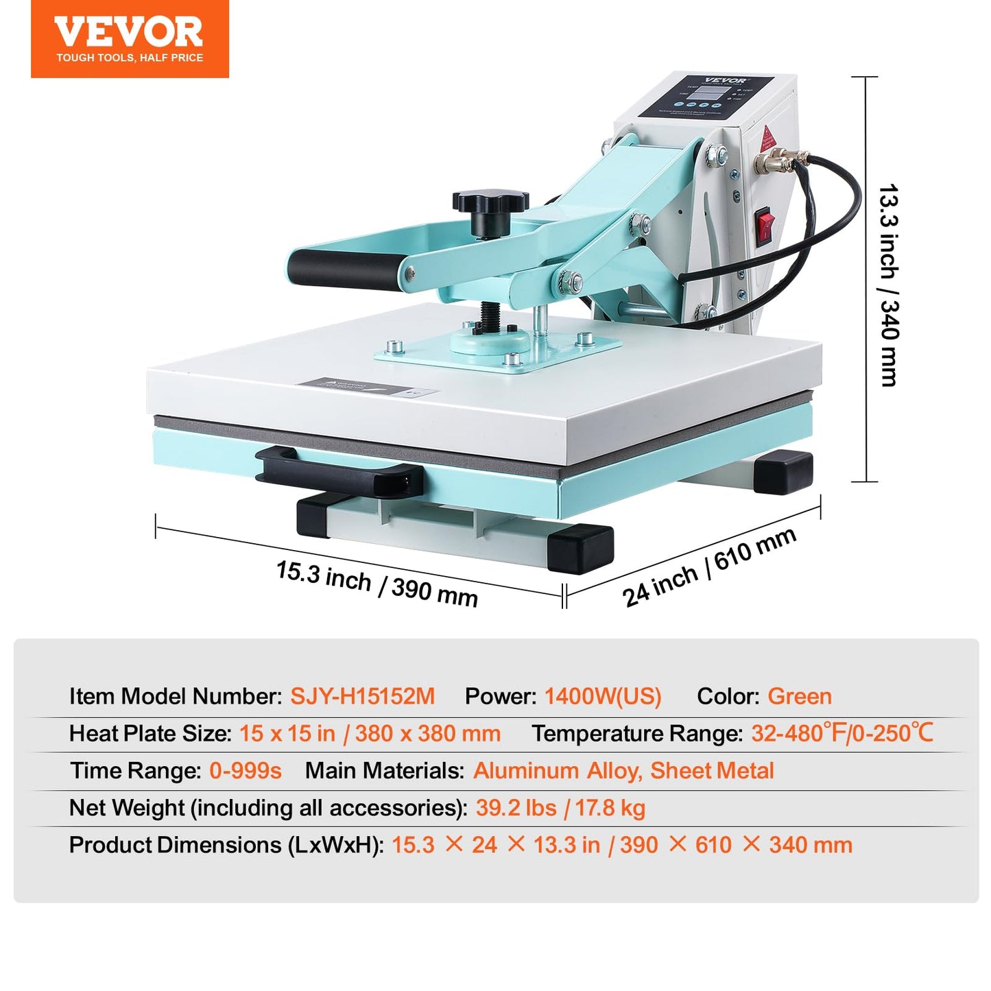 VEVOR Heat Press 15x15, High Pressure Heat Press Machine for T Shirts, Slide Out Professional Heat Press for Sublimation, Vinyl, Heat Transfer Projects, Heats Up Fast & Evenly, Green