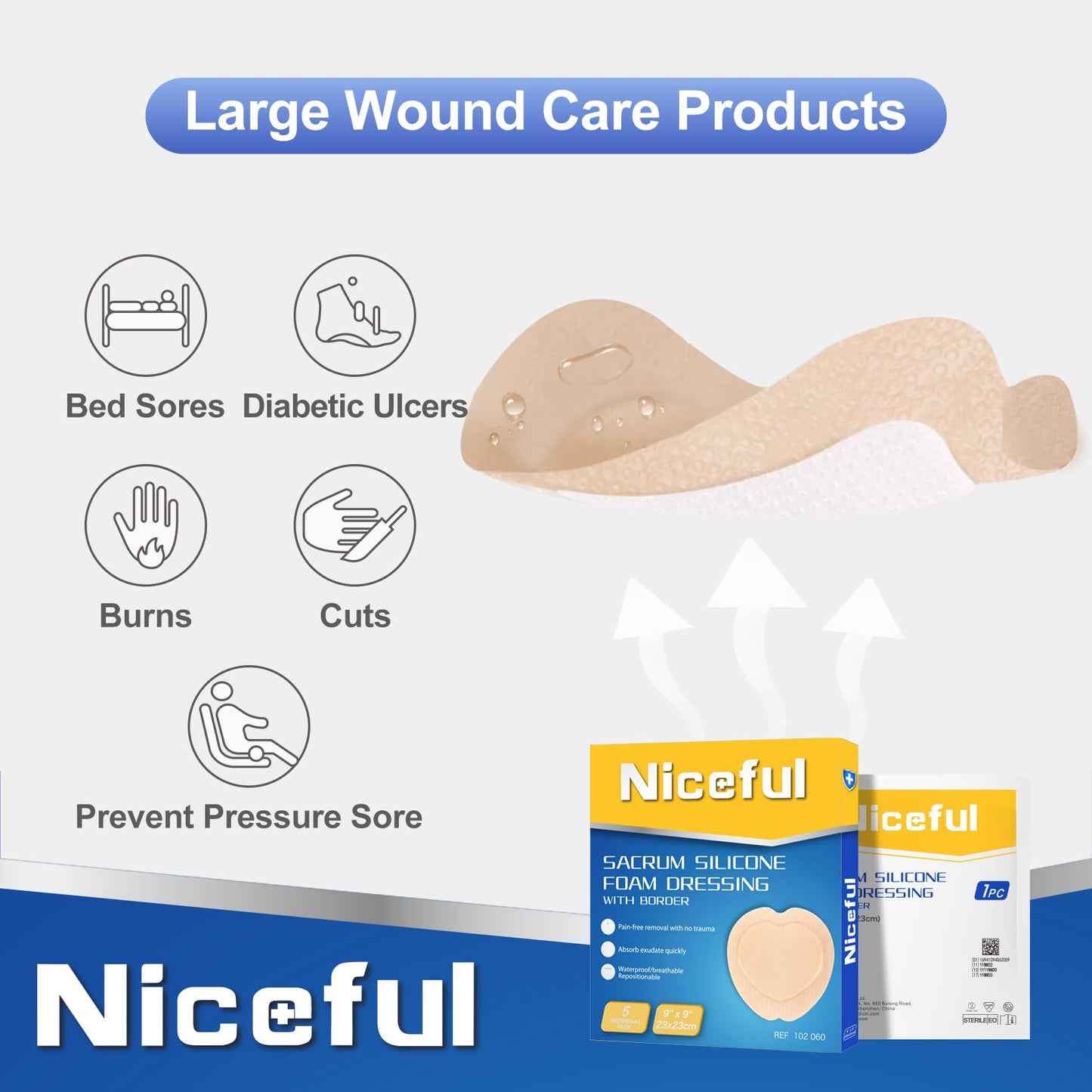 Niceful Sacral Foam Dressing 9" x 9" - Border Sacrum Bandage for Bed Sores Pressure, Silicone Adhesive Wound Dressing Pads for Large Wound, 5 Count