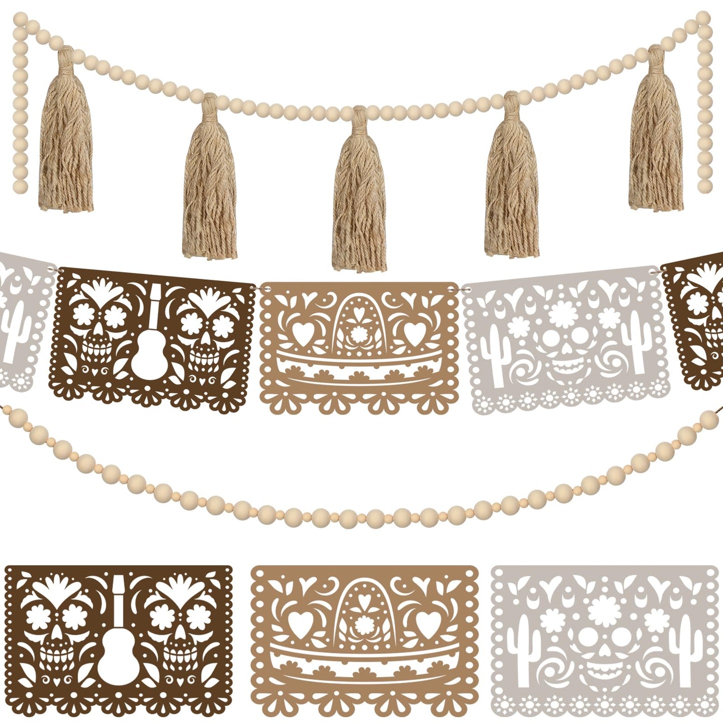 RoundFunny 3 Pack 23 ft Day of the Dead Garland Neutral Wood Bead Felt Dia De Los Muertos Decorations for Altar Day of the Dead Banners for Home Mantel Door Window Indoor Mexican Fiesta Party Supplies