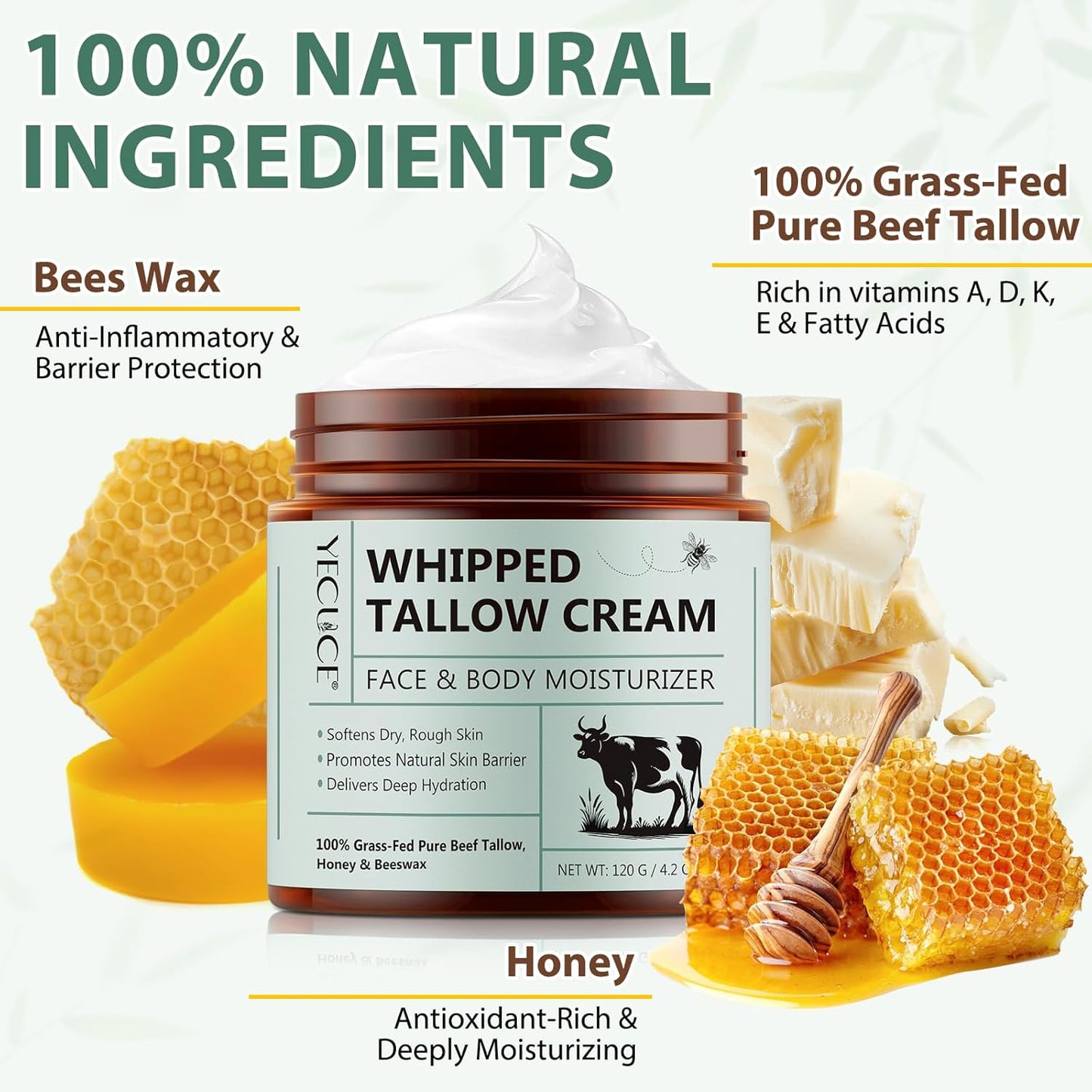 ReliCo Beef Tallow for Skin Moisturizer - Organic Whipped Grass Fed Beef Tallow with Honey Cream for Body, Unscented, 2pcs