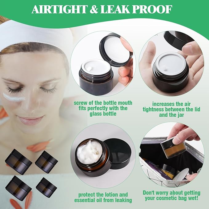 192Pcs 5g 10g 15g 20g Amber Glass Jars Assorted Kit with Black Lids, Inner Liners, Spoons and blank labels for Storing Lip and Body Scrub, Bath Salts, Lotion, Body Butter