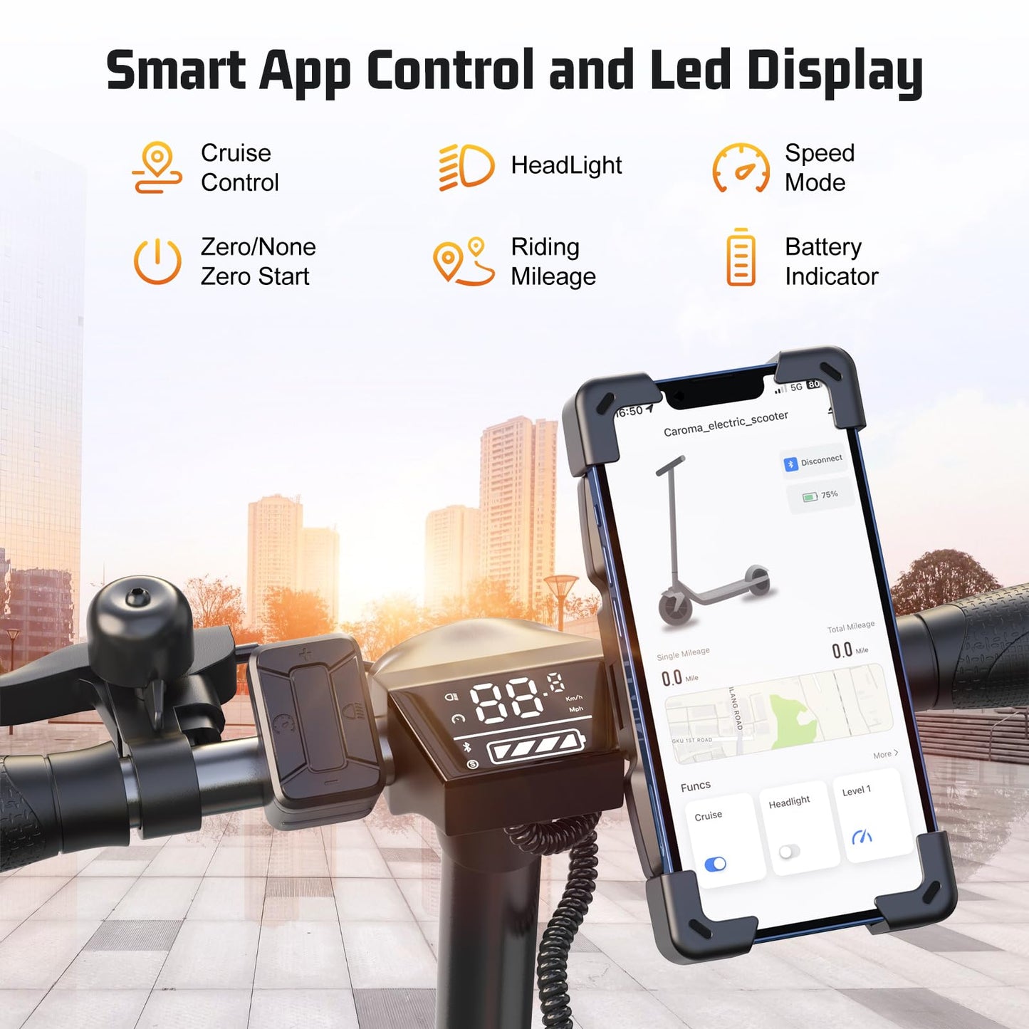 Caroma E22 PRO Electric Scooter Adults, 350W Motor,20Miles Range&20Mph, Foldable Commute Electric Scooter Adults,E Scooter with Cruise Control&Dual Braking System,Smart App Control&LED Display(Black)