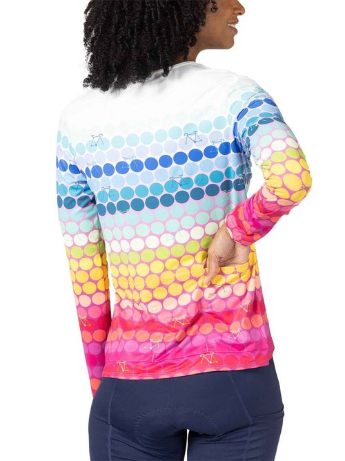 Terry Cycling Jersey Womens Soleil Long Sleeve Flow Relaxed Fit UPF 50+ Bike Tops for Women, Reg. & Plus Sizes - Rainbow Dot, XX Large