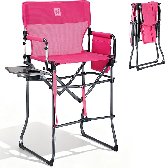 EVER ADVANCED Tall Textilene Camping Chair Mesh Directors Chair High Foldable Bar Stool with Side Table for Makeup Artist, Sports Event, Craft Show, Supports 350LBS Pink