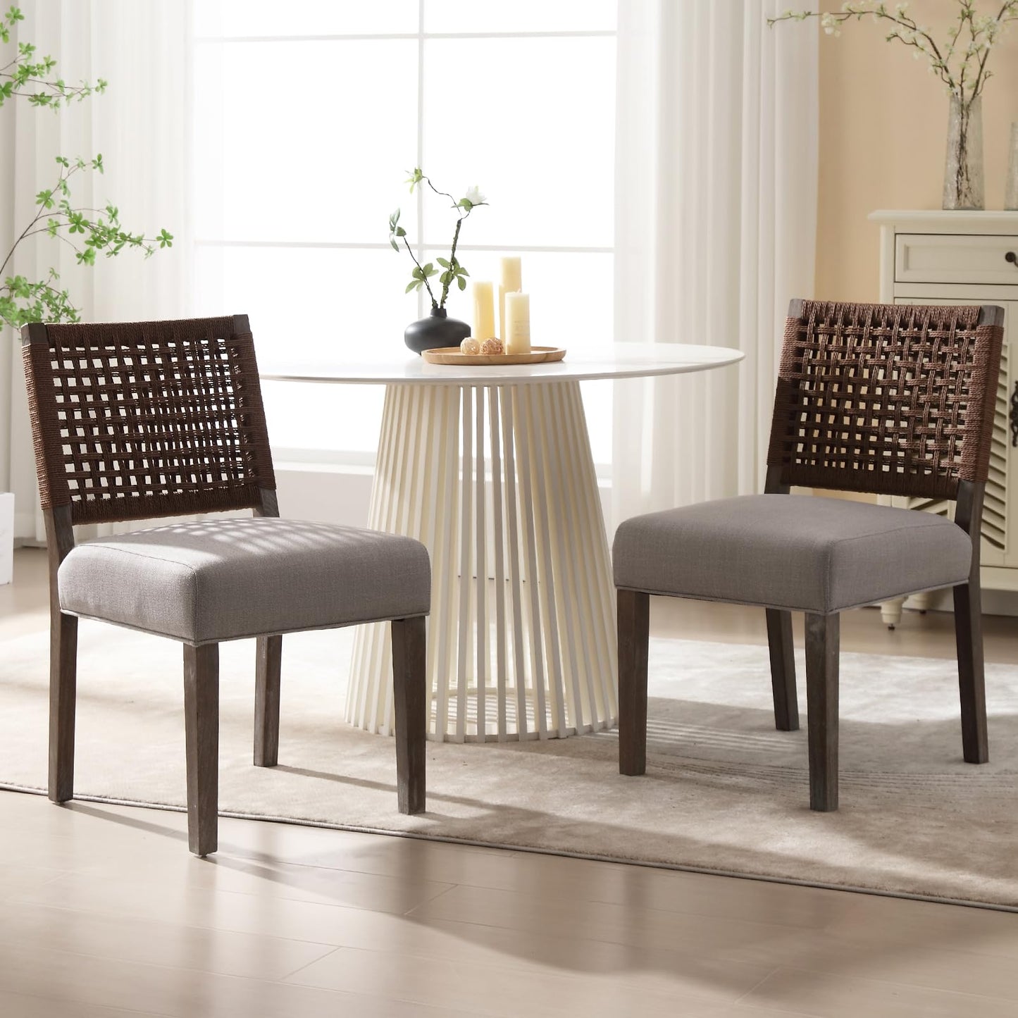 LZAREAL Farmhouse Dining Chairs Set of 2 Linen Fabric Upholstered Accent Side Chair, Mid Century Modern Kitchen & Dining Room Chairs with Woven Rope Back for Home, Living Room, Bedroom - Grey