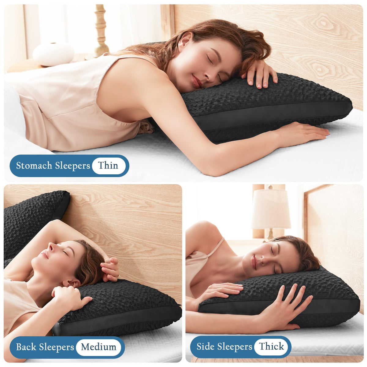 Luxe Linen Side Sleeper Pillows for Adults, Adjustable Shredded Memory Foam Bed Pillows for Neck and Shoulder Pain, Standard Black Cooling Curved Pillows with Washable Cover & Extra Foam Bag