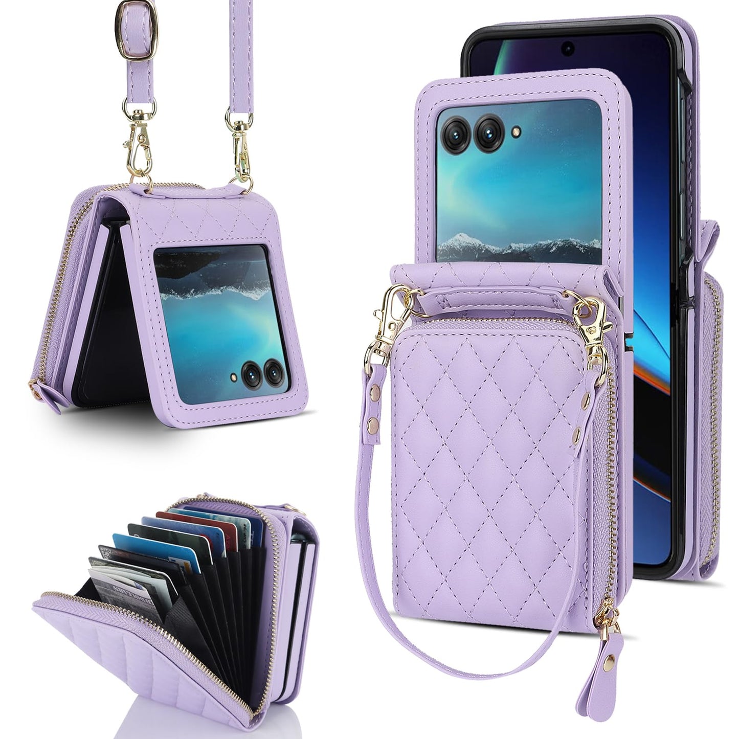Ninki Compatible For Motorola Razr 2024 Case With Wallet,Lanyard Hinge Protection Card Holder For Moto Razr 2024 Matte Leather W