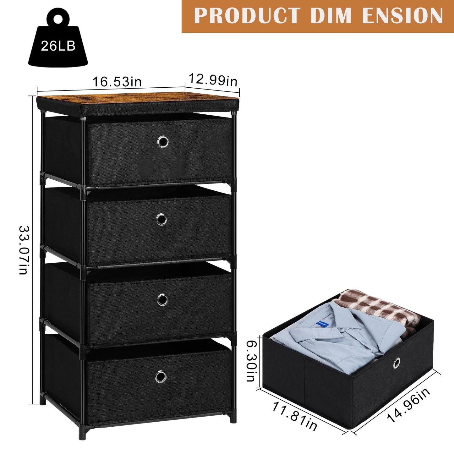 MOOACE Fabric Storage Dresser with 4 Drawers, Small Chest of Drawers Clothes Organizer and Storage Tower for Bedroom, Fabric Storage Bin Organizer, Black