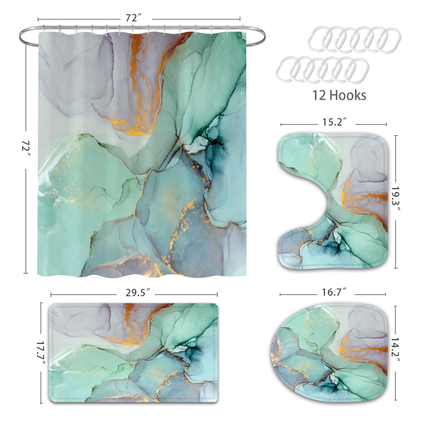 Gibelle 4 Pcs Shower Curtain Set with Non-Slip Rugs Toilet Lid Cover and Bath Mat, Green Marble Bathroom Decor Set with Accessories
