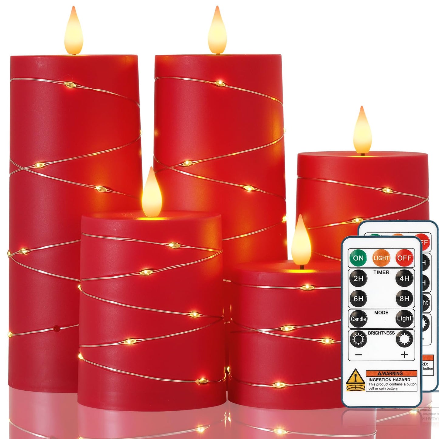 Raycare Flameless Candles with Remote Timer, Flickering Battery Operated LED Pillar Fake Candle with String Lights for Home Decor, Christmas, Wedding and Gift, Red, Set of 5