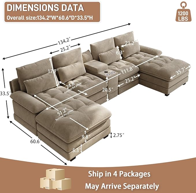 BEQAI 134"U Shaped Sectional Couches for Living Room,Oversized Modular Sectional Fluffy Couch with Chaise Lounge & Tufted Buttons,Modern Chenille 6 Seat Living Room Sofa Set with Storage Console,Camel
