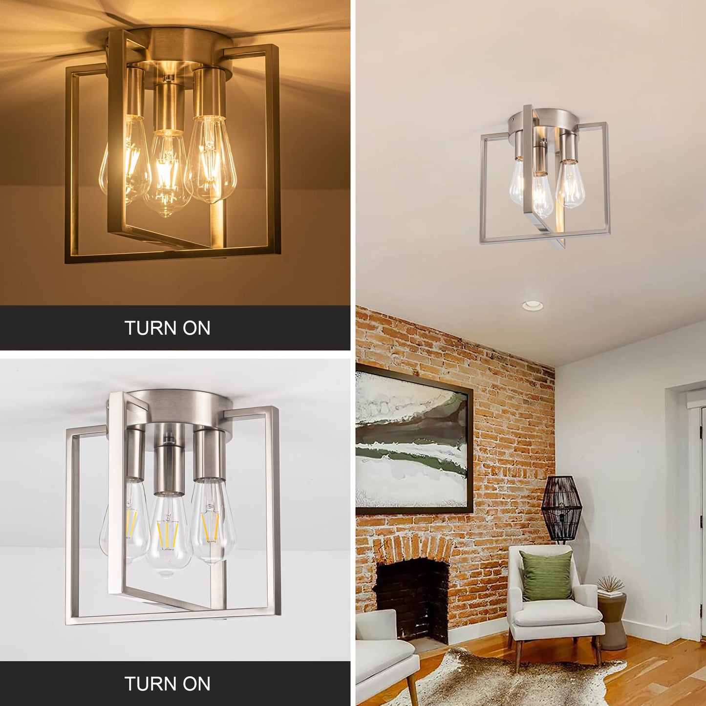 Edzemuwa 3-Light Flush Mount Light Fixture,Brushed Nickel Metal Frame Ceiling Light Fixture with Contemporary Geometric Metal Cage,for Living Room Kitchen Dining Room Bedrooms Foyer Hallways,