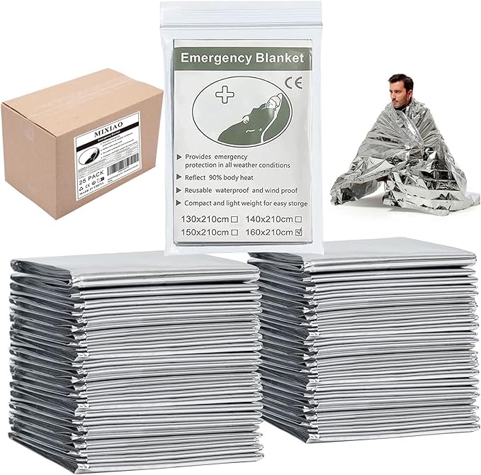 MIXIAO Emergency Foil Thermal Blanket (Pack of 25), 210 x 160 cm (82" x 63") Emergency shelter Survival Reflective Blanket...