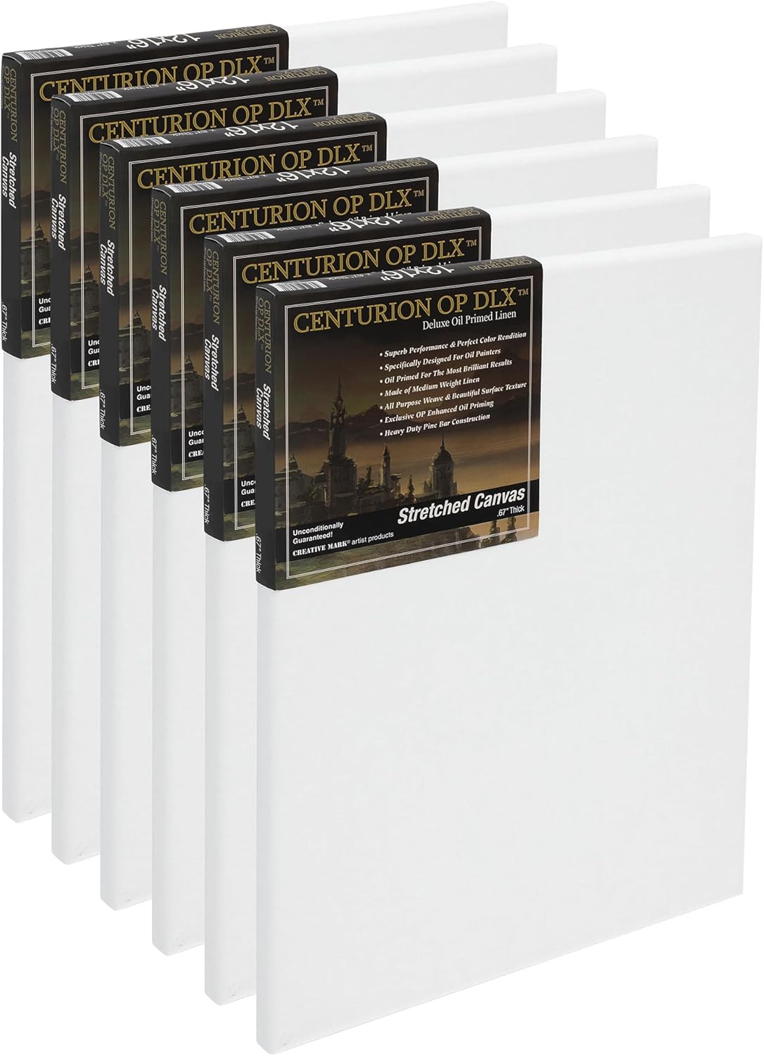 Centurion Deluxe Professional Oil Primed Linen Stretched Canvas, 11oz Linen, 24x36 - Box of 6, 0.67" Deep Canvases, Kiln-Dried Stretchers, Back Stapled, Premium Medium Weight Canvas for Oil Paintings