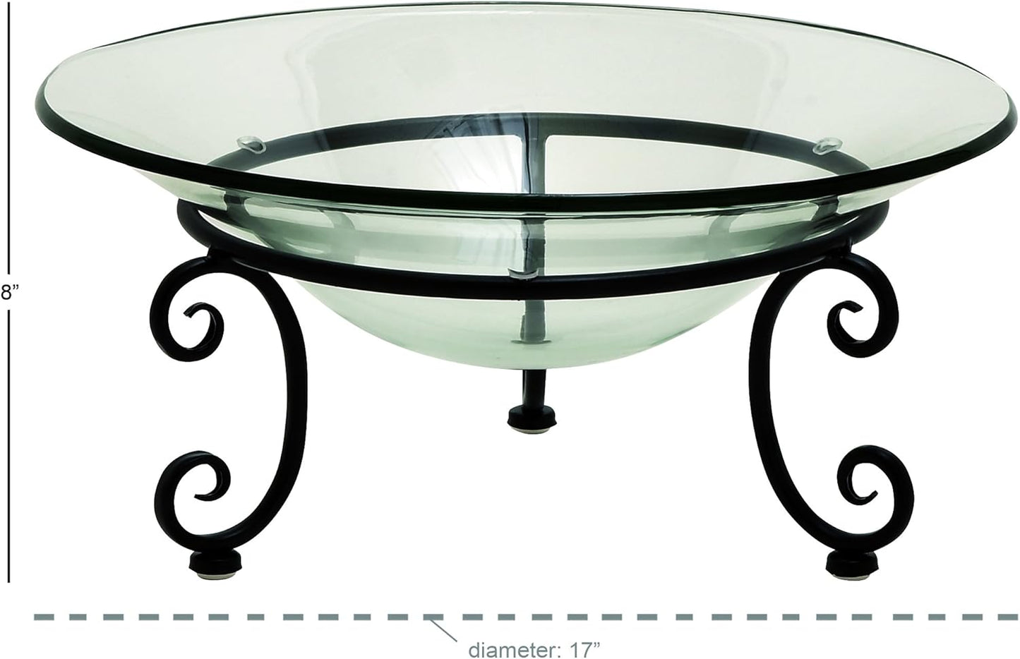 Deco 79 Tempered Glass Kitchen Serving Bowl with Black Metal Scroll Base, 17" x 17" x 8", Clear