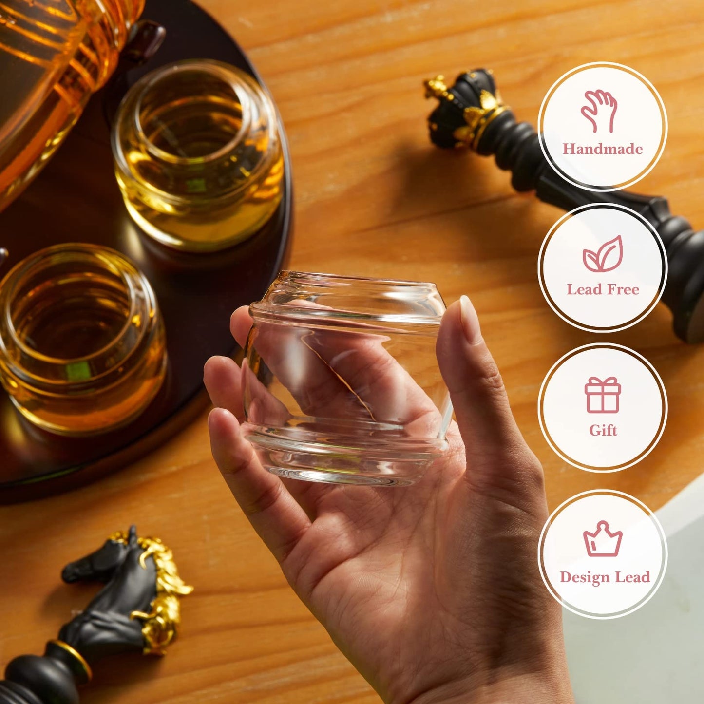 CRAFTGEN Whiskey Barrel Decanter Set for Home Bar, Unique Birthday Gifts for Men Dad, 1.3 Liter Barrel Liquor Dispenser with 4 Glasses for Bourbon, Scotch, Vodka, Tequila, Rum, Wine, Alcohol