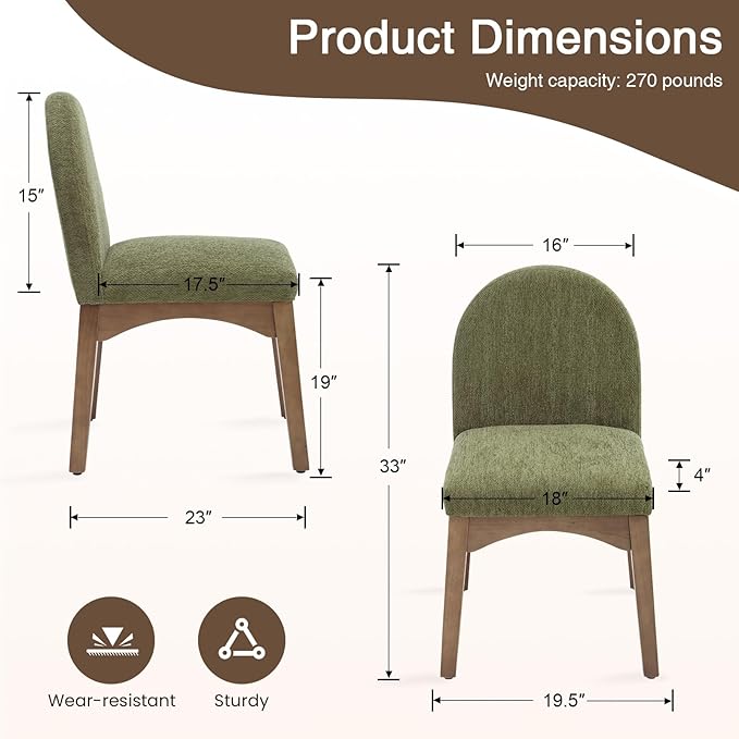 DUOMAY Modern Dining Chairs Set of 6, Mid Century Chenille Upholstered Dining Room Chairs Kitchen Chairs with Solid Rubberwood Legs, Armless Accent Side Chairs, Green