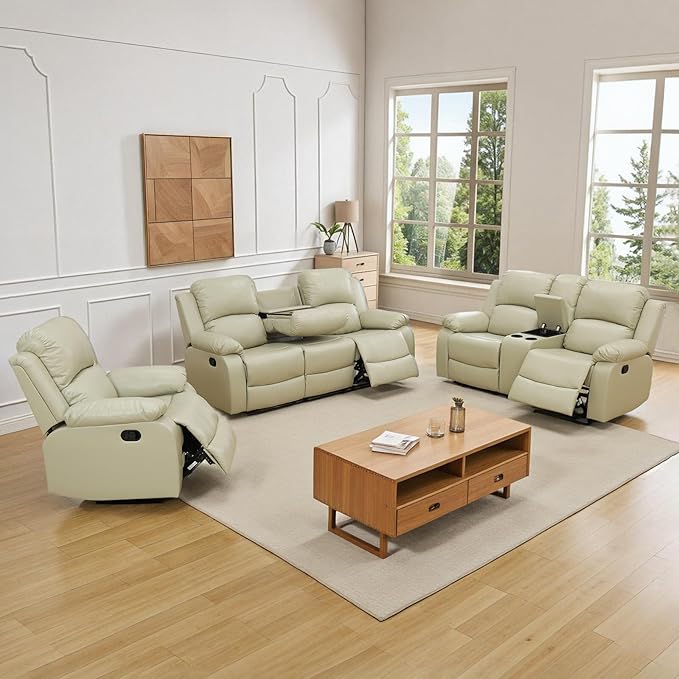 JBXBER Manual Recliner Sofa Set for Living Room, Leather Reclining Sofa Sets, Faux Leather Couch Set with Cup Holders, Drop-Down Table and Storage Console(3 Piece Set,Beige)