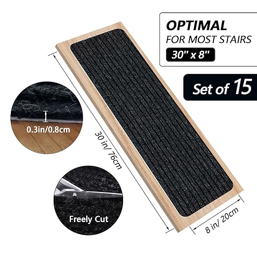 Non-Slip Stair Treads, 7.8" X 30" (15-Pack) Stair Runner Indoor Outdoor Mat, Black Slip Resistant Stair Tread Mats Step Covers Pads for Elders, Kids and Pets (30" x 7.8", Black)