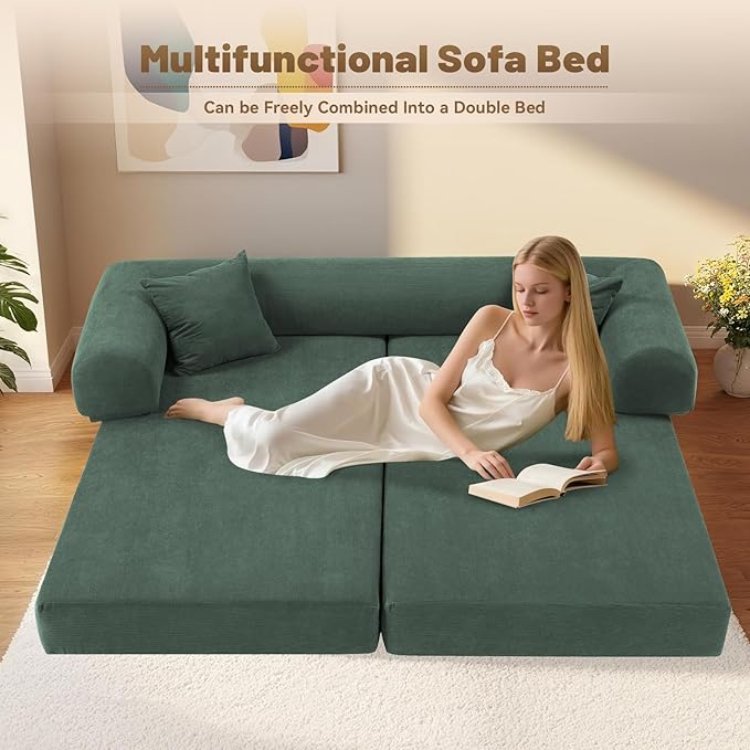 GJQ Convertible Futon Sofa Bed,80" Folding Pull Out Couch Bed with Storage,Queen Sleeper Sofa Bed,Compressed Couch in a Box,Corduroy Boneless Couches for Living Room,Light Green
