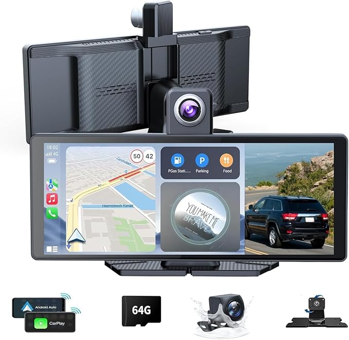 10.26" Wireless Portable Carplay Screen CarPlay & Android Auto Car Stereo 360 Rotation 4K Dash Cam 1080p Rear Camera Mirro...
