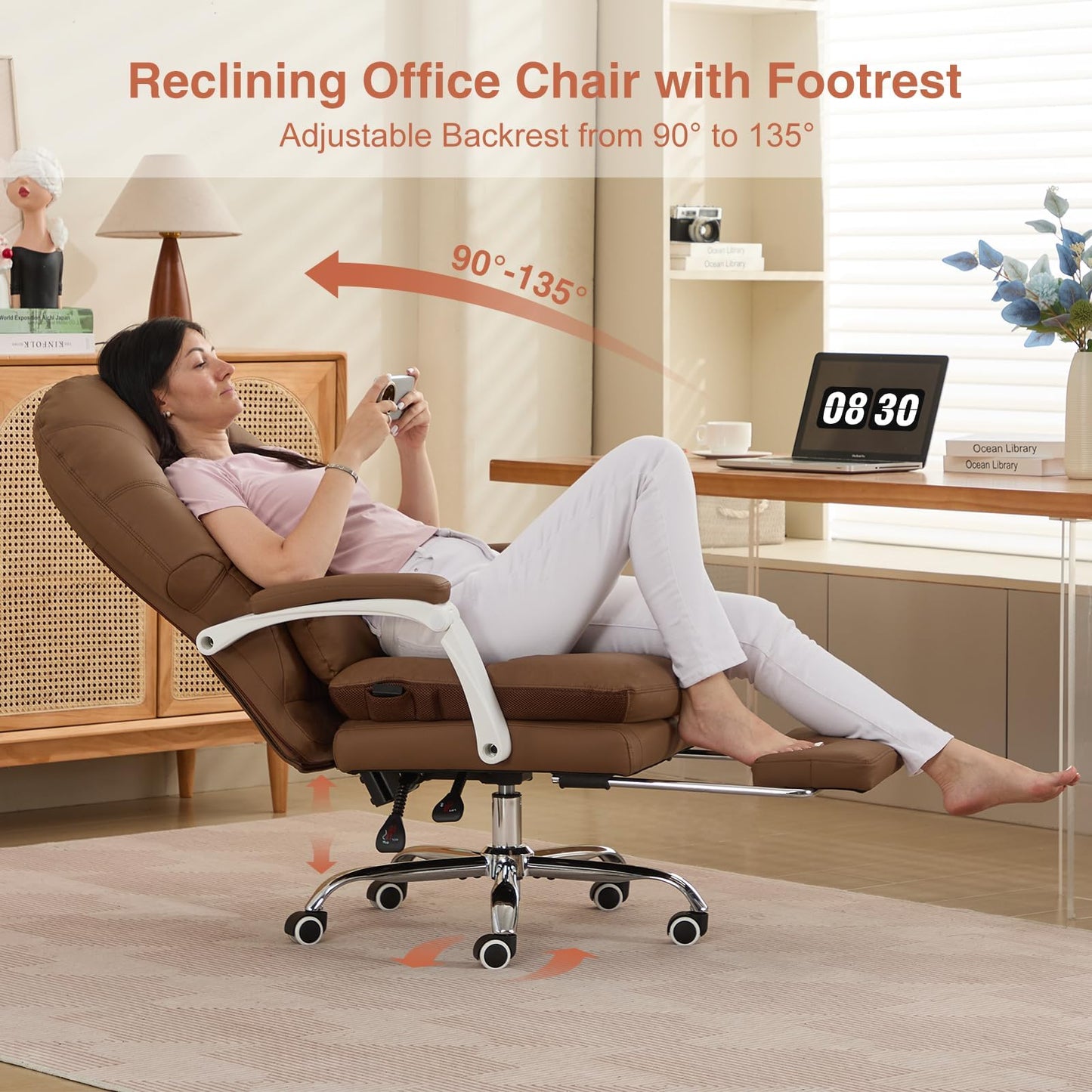 Ergonomic Office Chair for Big and Tall with Lumbar Support,Brown PU Leather High Back Executive Chair with Sedentary Vibration Reminder,Foot Rest,Reclining Function for Long Hours of Home Office