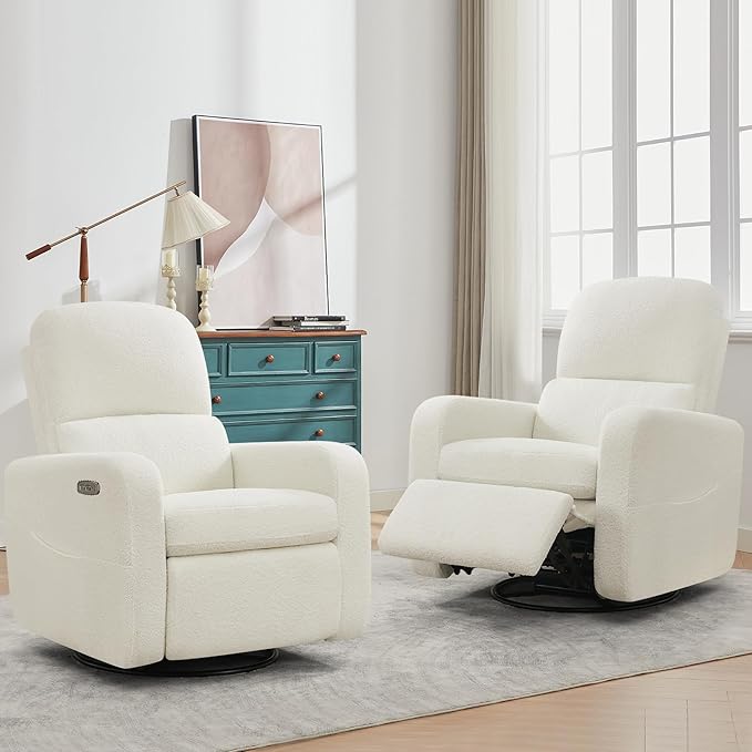 AEMEIOS Power Swivel Rocker Recliner, Oversized Boucle Nursery Glider Recliner, Swivel Rocking Reclining Chair with Removable Cushion and Lumbar Support for Nursery Living Room Bedroom, Teddy White