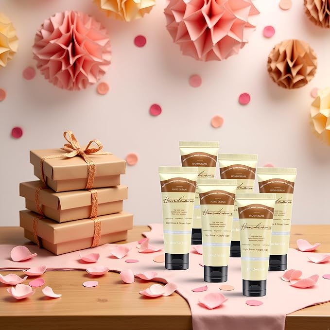 DincherBel 6 Pack Travel Size Hand Cream Set - 1 oz Moisturizing Lotion for Dry Cracked Hands, Light Rose & Ginger Sugar Scented Hand Lotion Gift for Women, Nurses, Teachers, Bridesmaids Gifts