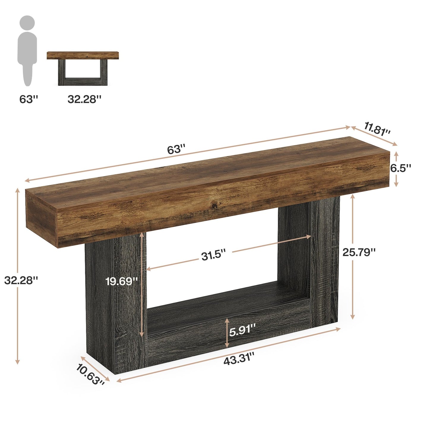 Tribesigns 63" Console Table, Farmhouse 2-Tier Entryway Table with U-Shaped Base, Narrow Long Wood Sofa Table Behind Couch Table for Living Room, Hallway, Foyer, Vintage Brown & Gray