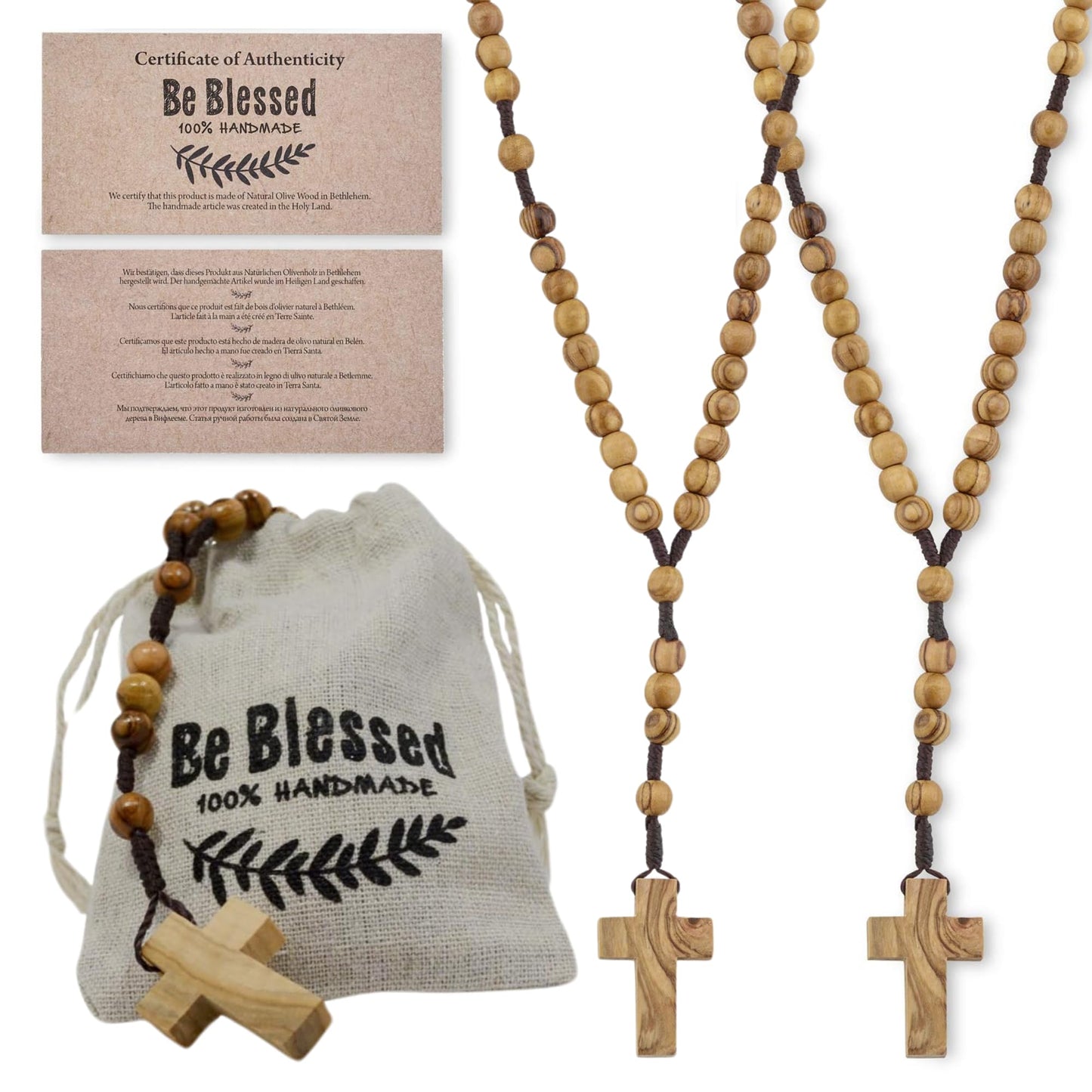 Bethlehem 2-Pack Certified Wooden Rosary from Olive Wood - Our Father Christian Catholic Wooden Prayer Beads in Cotton Rosary Po