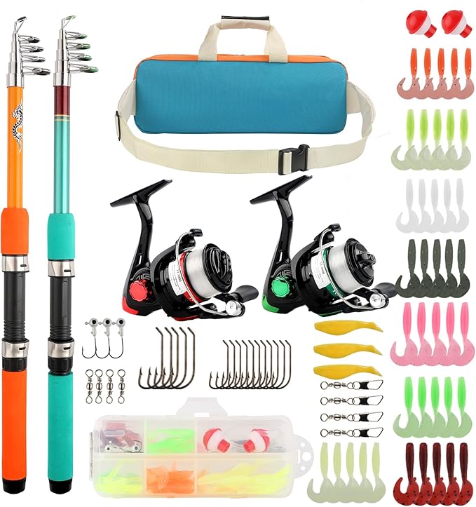 2PCS Fishing Rod Reel Combo 5.9FT Telescopic Fishing Pole Spinning Reel with Baits Hooks Storage Bag Compact Collapsible F...