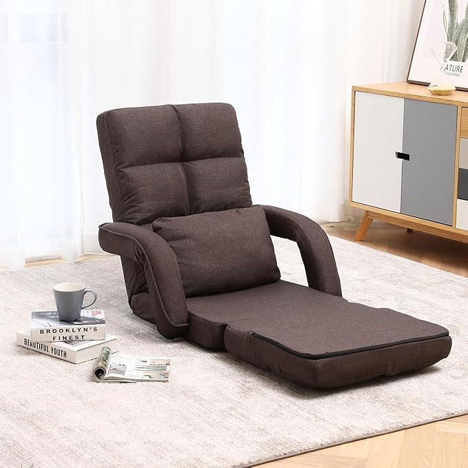 DeeLyan Indoor Floor Chair with Armrest and Pillow Folding Chaise Lounge Sofa 14-Position Adjustable Comfy Gaming Recliner Chair Padded Seats for Adults(Brown)