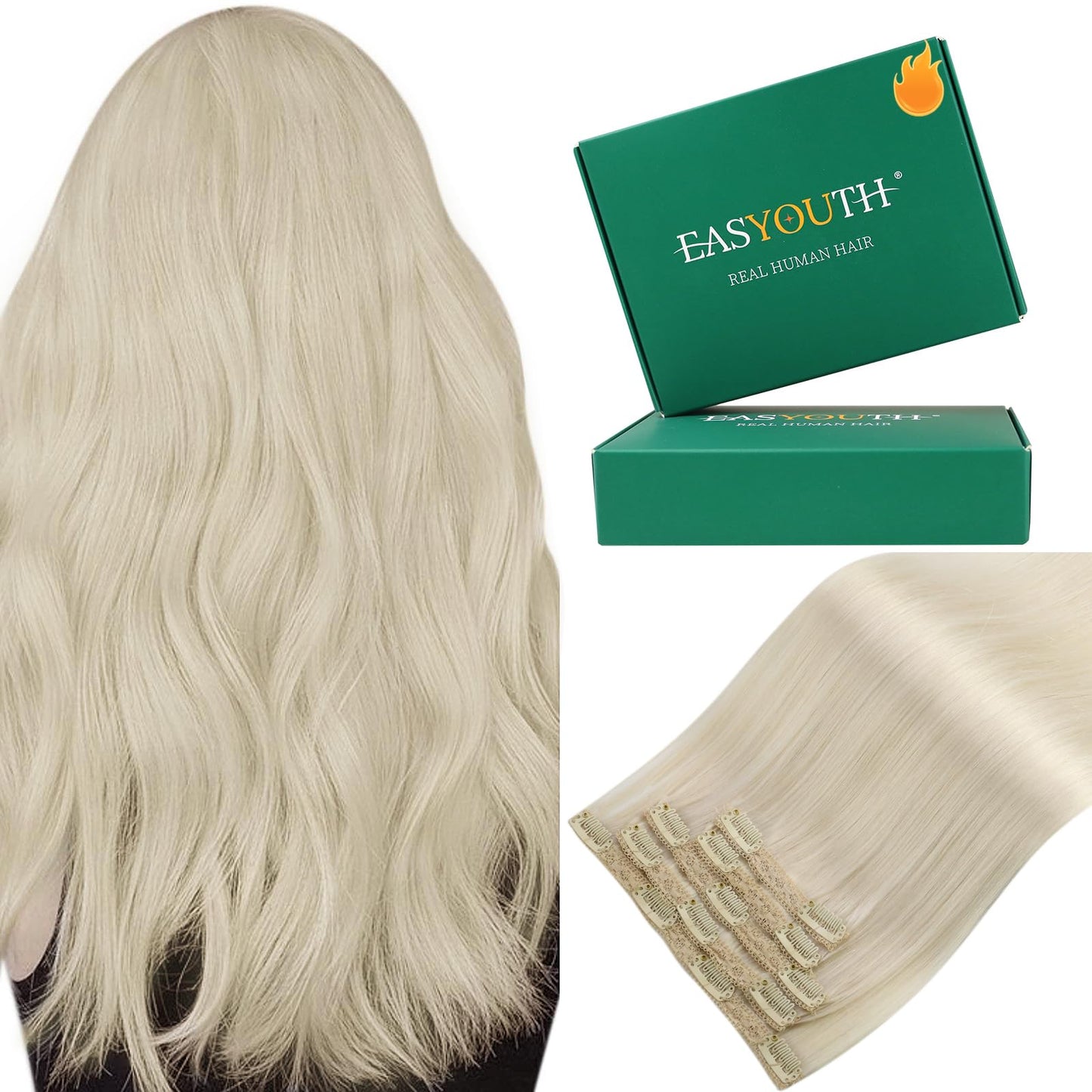 Easyouth 22Inch Clip in Hair Extensions Human Hair Blonde Clip in Hair Extensions Real Human Hair White Blonde Real Hair Extensi