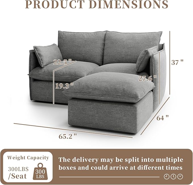 Gtilzria Waterproof Cloud Sectional Couches,High Backrest Down Filled Sofa for Living Room,Modular Sofas 2 Seater with Ottoman,Detachable Couch Covers,Dark Grey