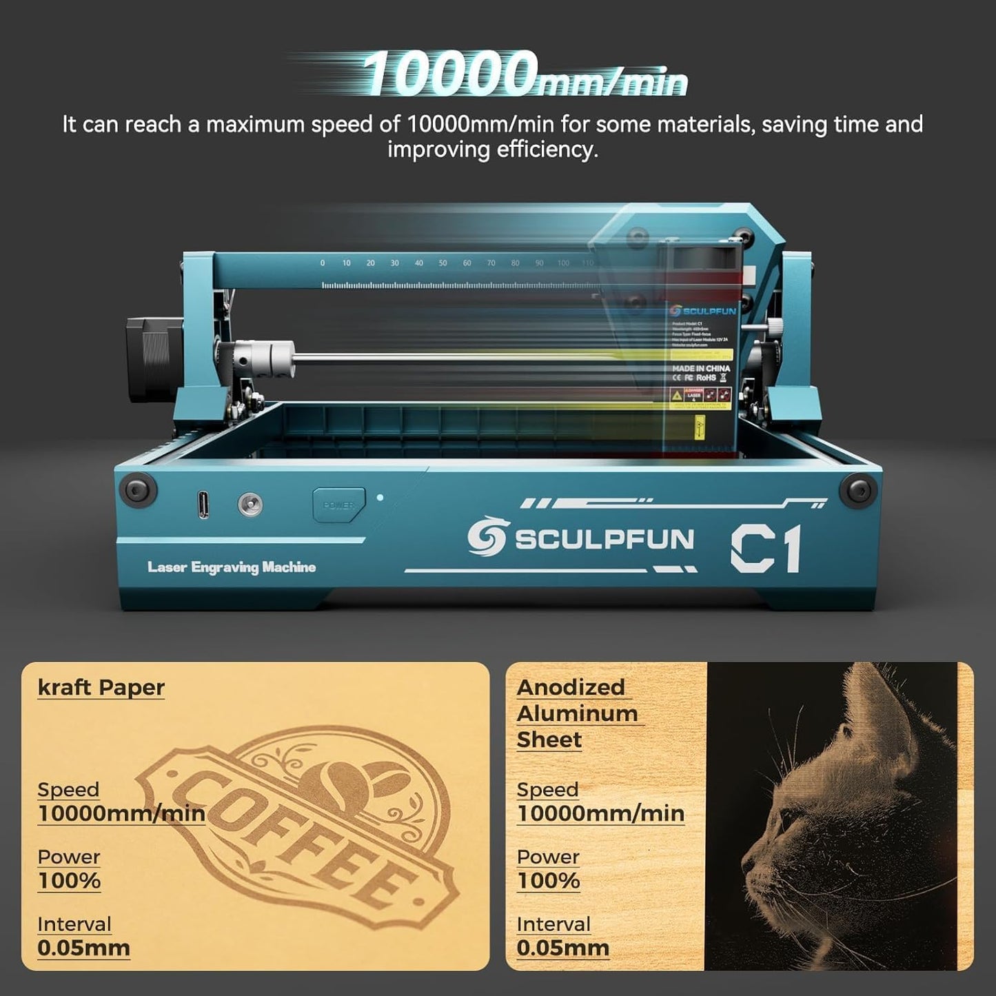 SCULPFUN C1 Mini Laser Engraver with SCULPFUN RA Mini Rotary Roller, 3W Portable Engraving Machine, 0.04mm Ultra-Fine Spot, 150x130mm Engraving Area, Works on Wood, Leather, Paper, Slate